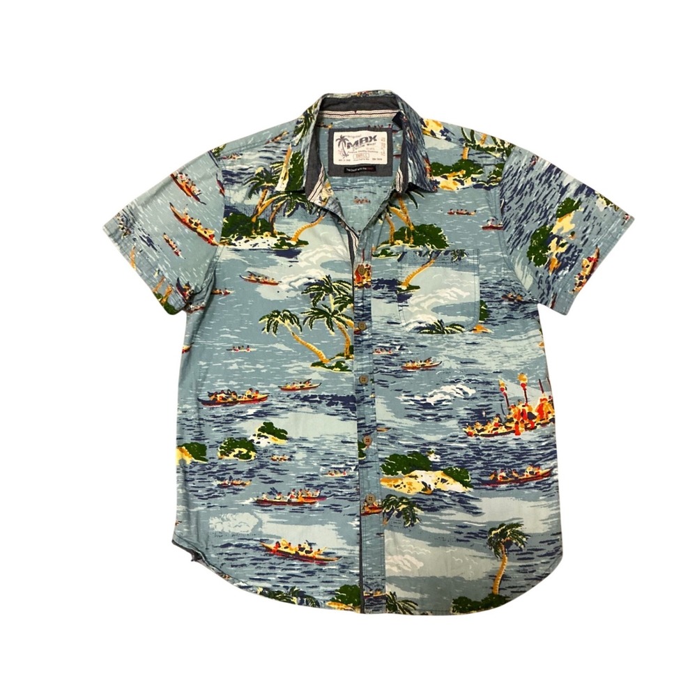 MBX Denim Wear Mens Small Tropical Island Canoe‎ Print Cotton Button Down Shirt